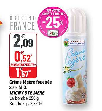 crème légère fouettée 20% m.g. isigny ste mère