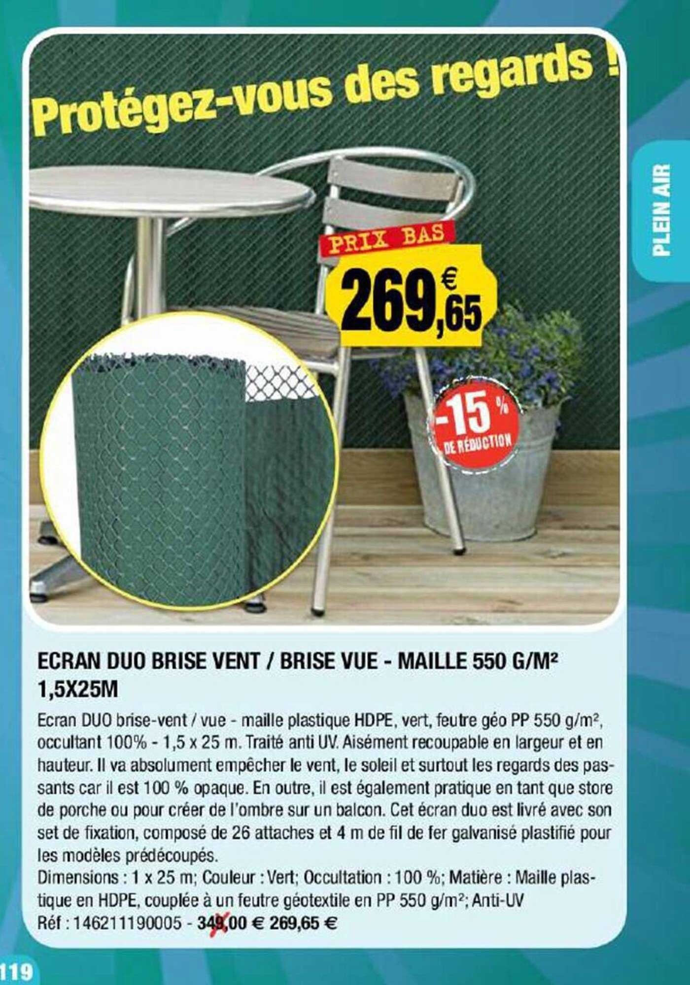 écran duo brise vent - brise vue - maille 550 g-m² 1,5 x 25 m