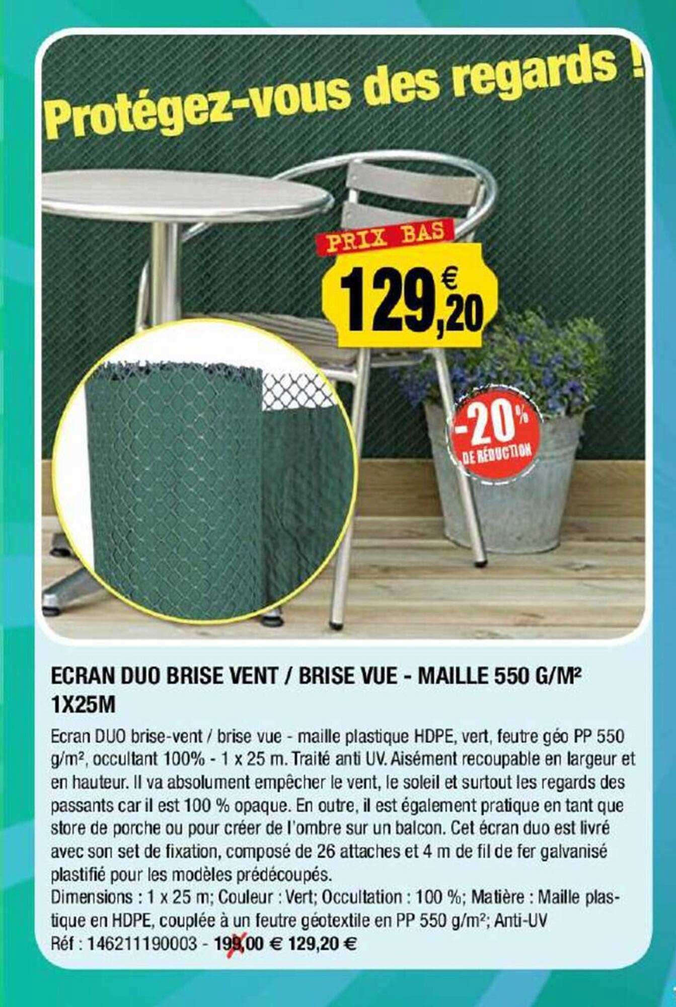 écran duo brise vent - brise vue - maille 550 g-m² 1 x 25 m