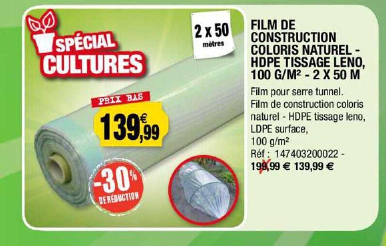 film de construction coloris naturel - hdpe tissage leno, 100 g-m² - 2 x 50 m