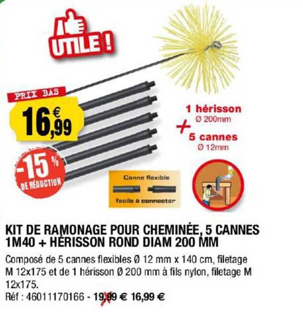 kit de ramonage pour cheminée, 5 cannes 1m40 + hérisson rond diam 200 mm