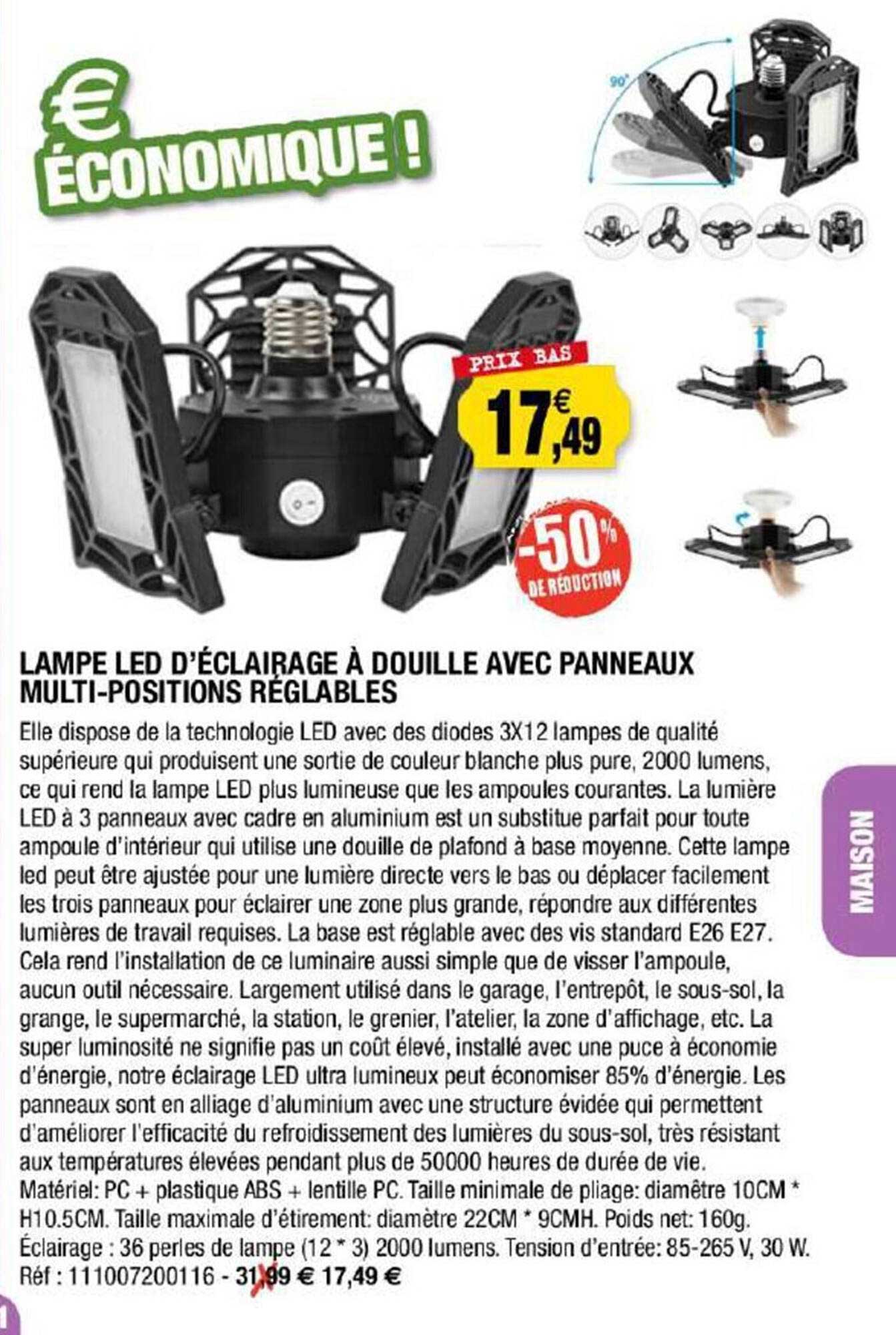 lampe led d'éclairage à douille avec panneaux multi-positions réglables