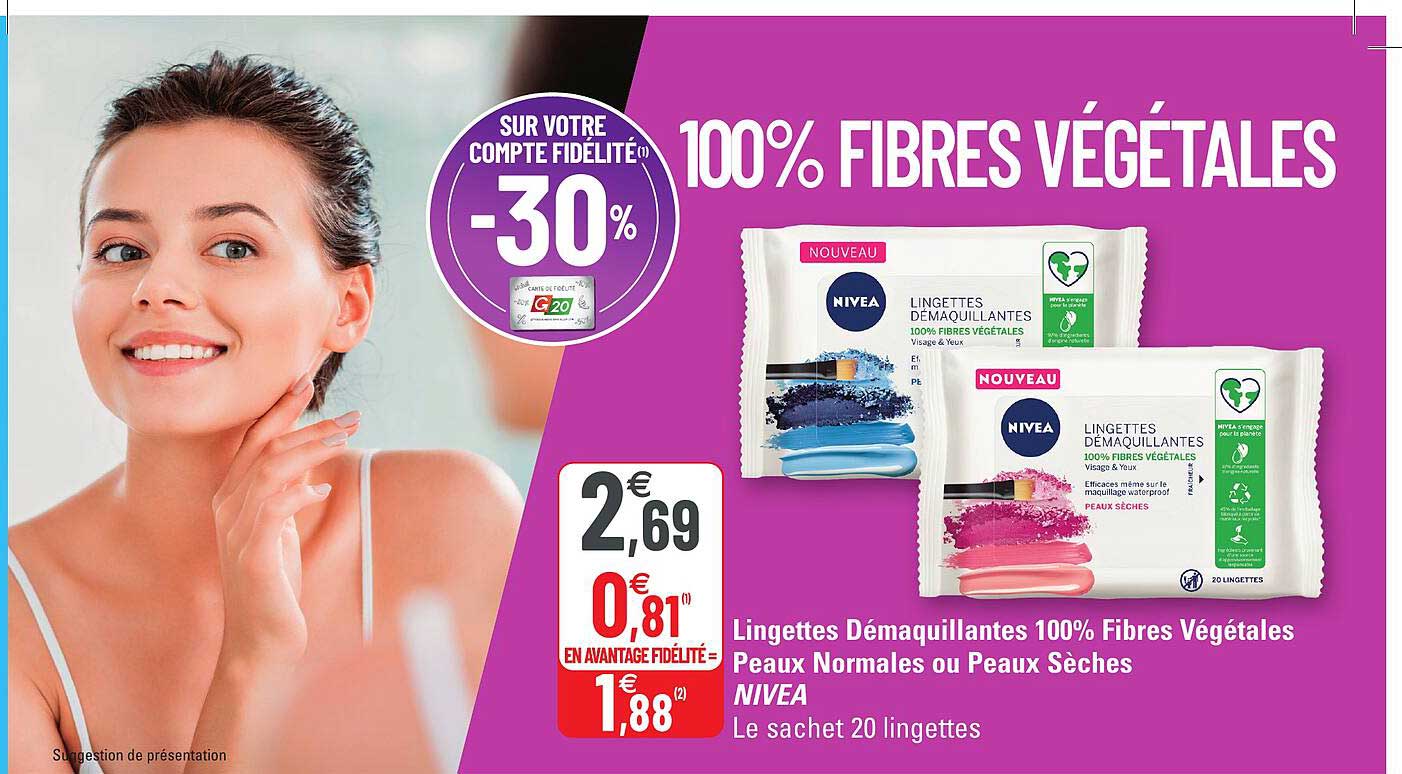 lingettes démaquillantes 100% fibres végétales peaux normales ou peaux sèches nivea