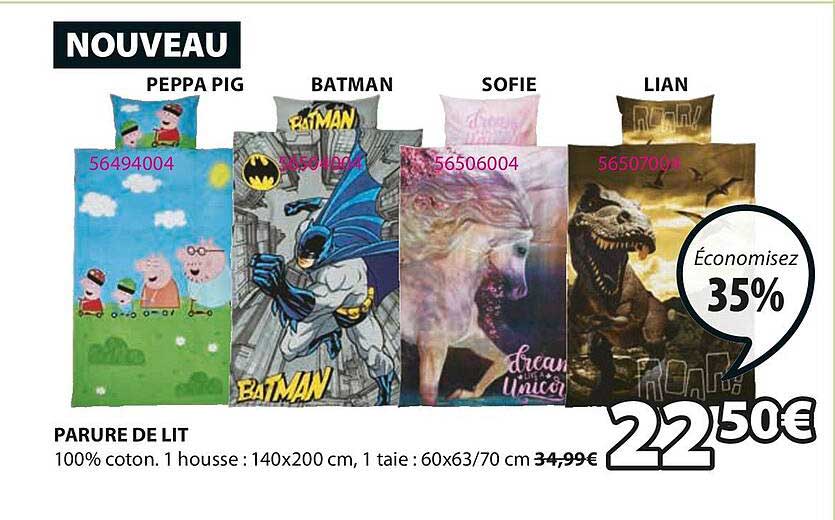 parure de lit peppa pig, batman, sofie, lian