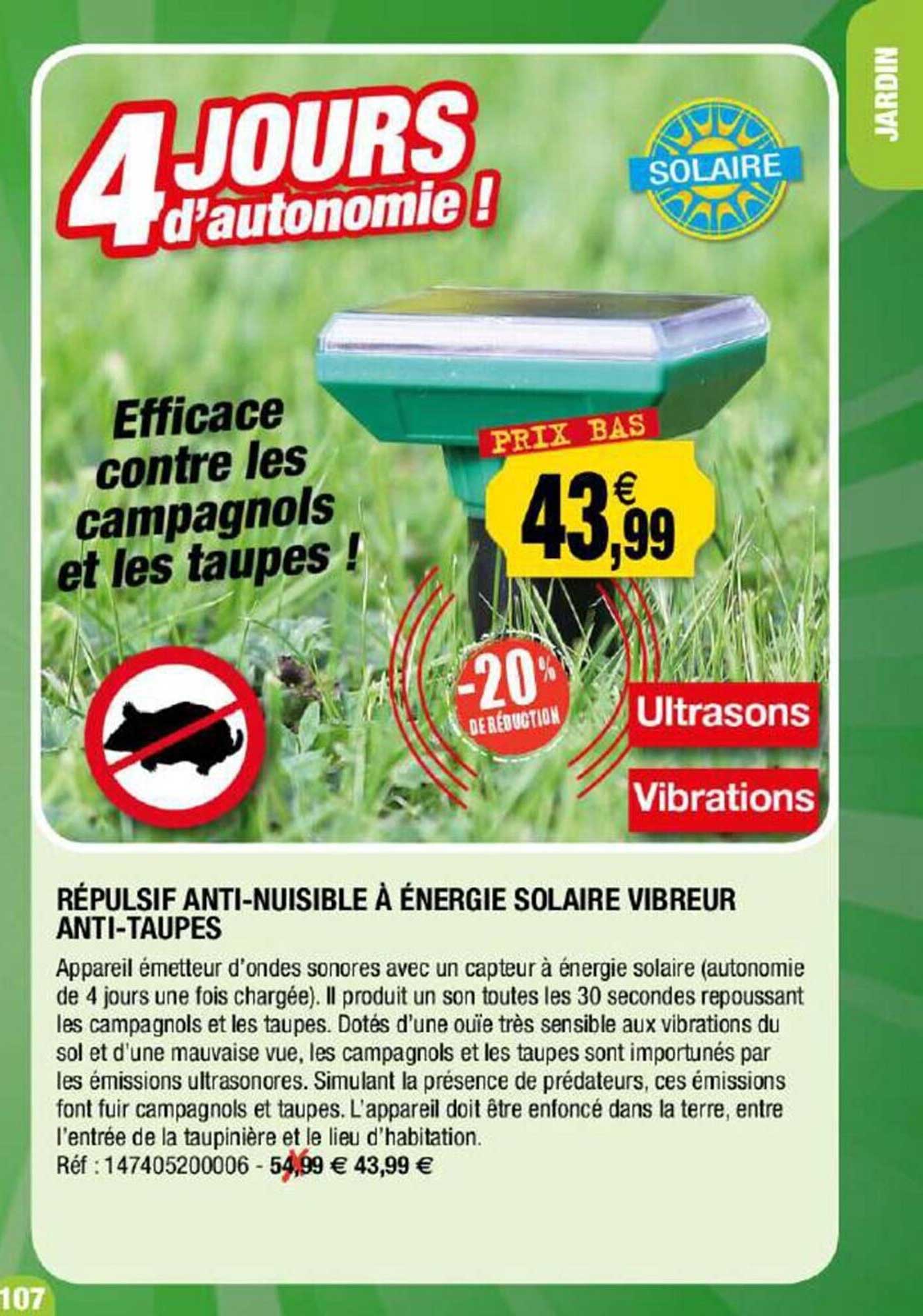 répulsif anti-nuisible à énergie solaire vibreur anti-taupes