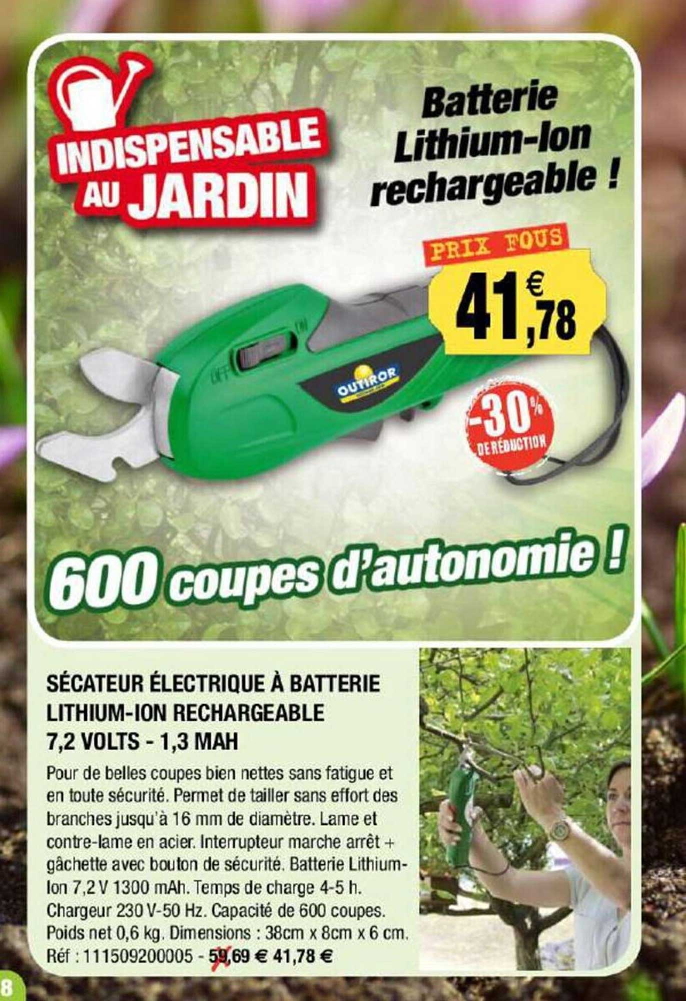 sécateur électrique à batterie lithium-ion rechargeable 7,2 volts - 1,3 mah