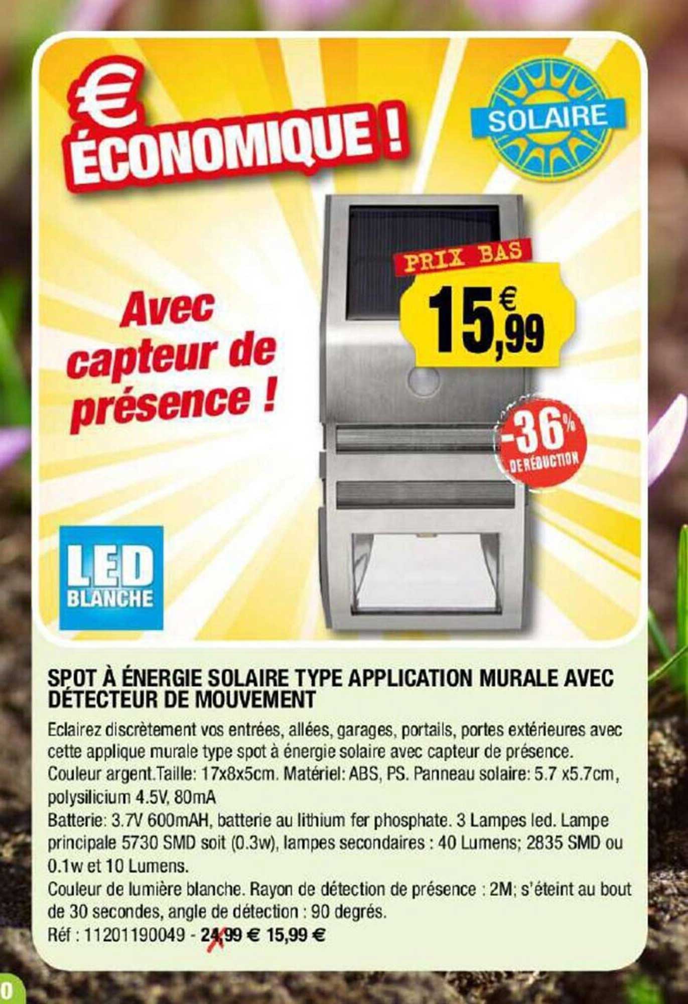 spot à énergie solaire type application murale avec détecteur de mouvement