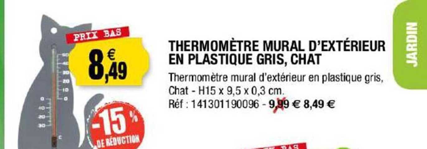 thermomètre mural d'extérieur en plastique gris, chat