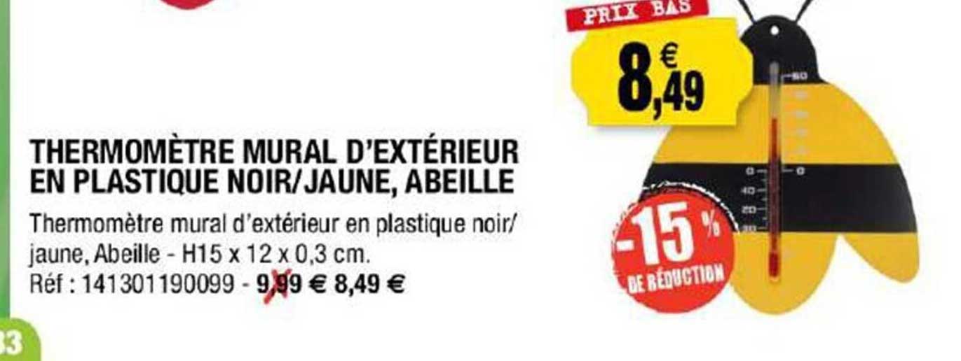 thermomètre mural d'extérieur  en plastique noir - jaune, abeille