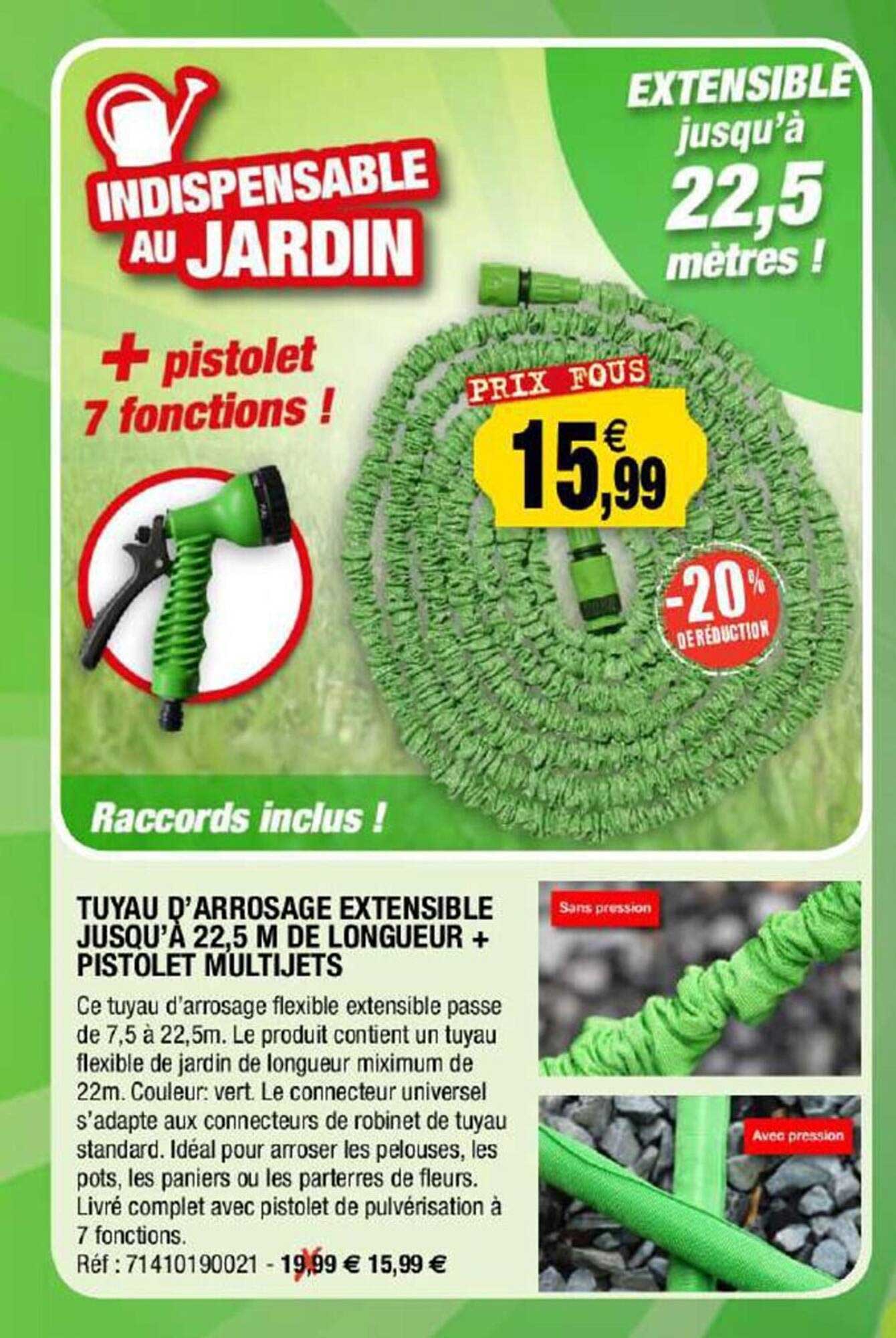 tuyau d'arrosage extensible jusqu'à 22,5 m de longueur + pistolet multijets