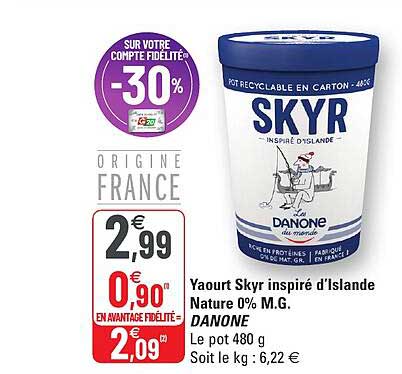 yaourt skyr inspiré d'islande nature 0% m.g. danone