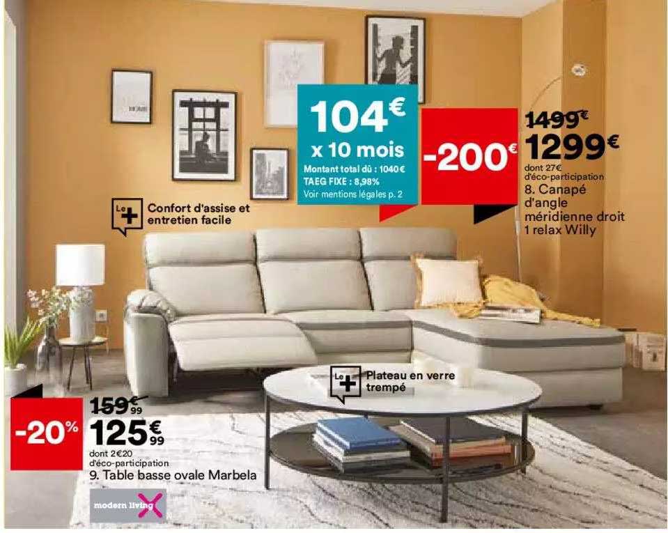 canapé d'angle méridienne droit 1 relax willy, table basse ovale marbela modern living