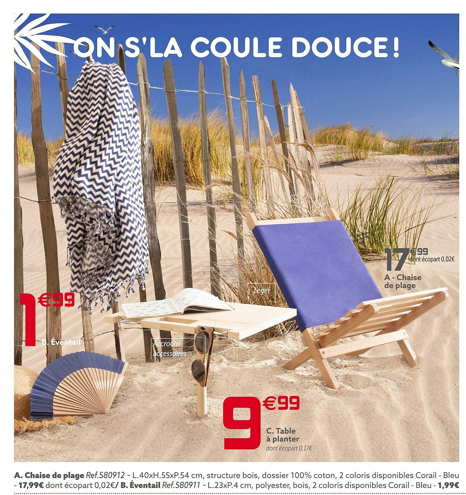 chaise de plage, éventail, table à planter