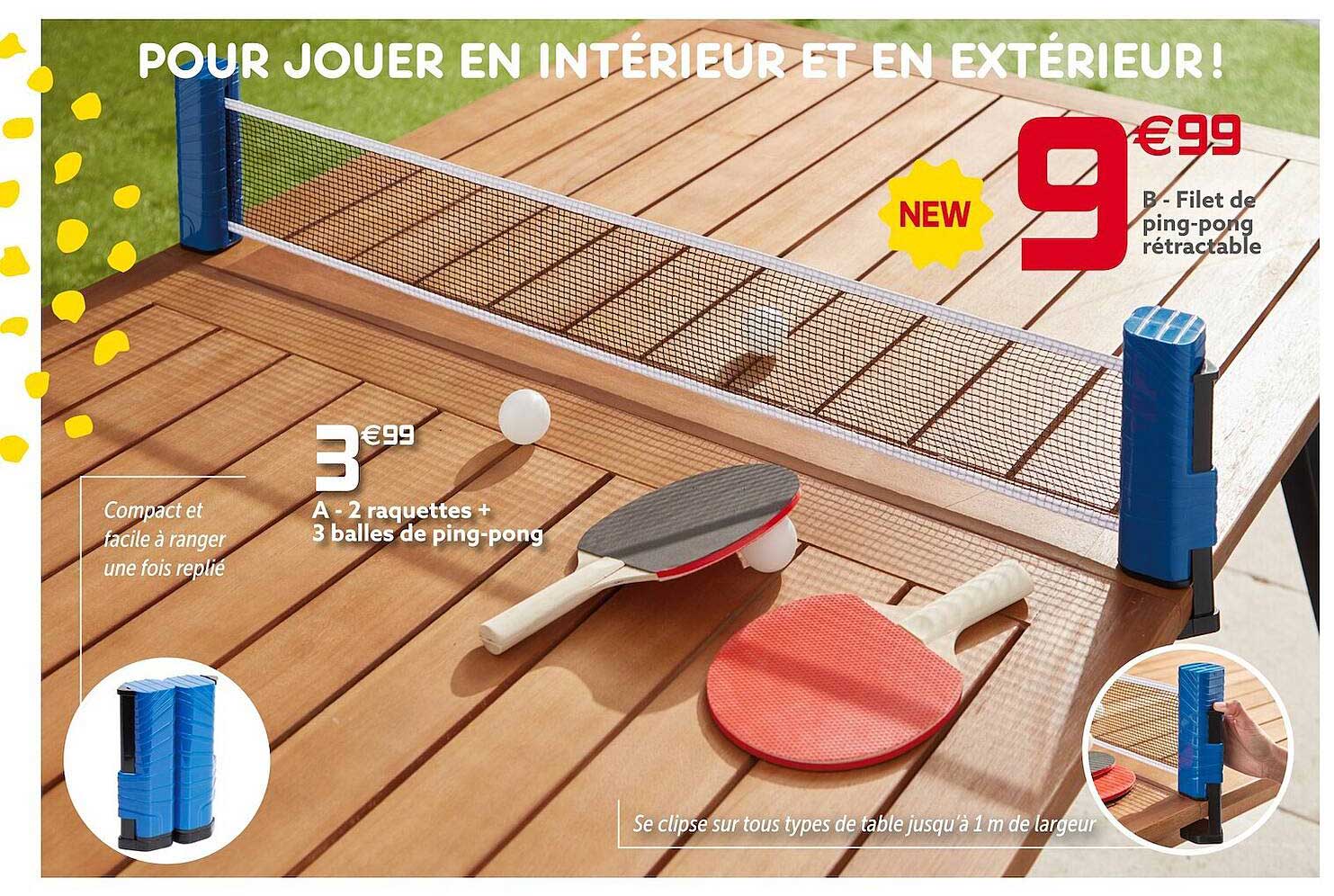 2 raquettes + 3 balles de ping-pong, filet de ping-pong rétractable