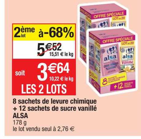 8 sachets de levure chimique + 12 sachets de sucre vanillé alsa