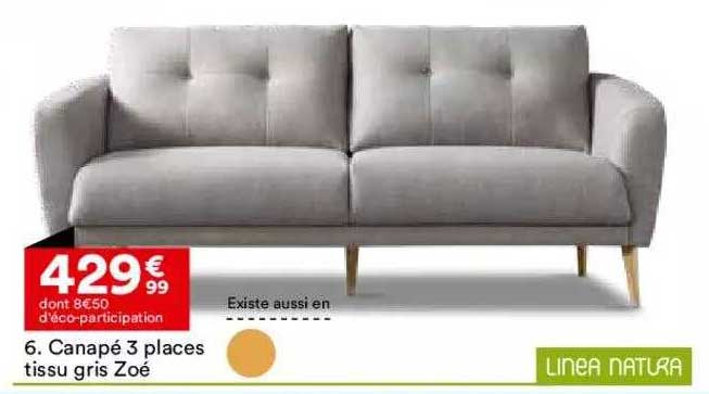 Canapé 3 Places Tissu Gris Zoé Linea Natura