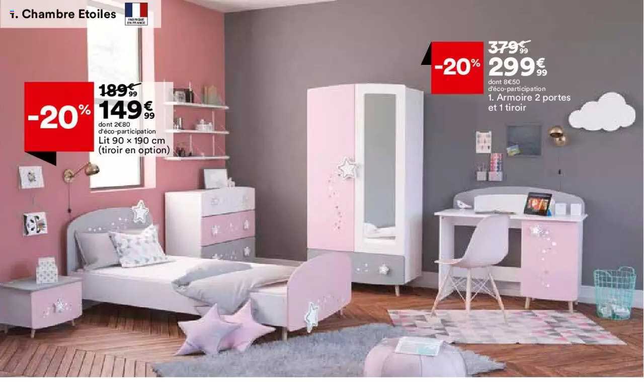 chambre étoiles : lit 90 x 190 cm, armoire 2 potes et 1 tiroir