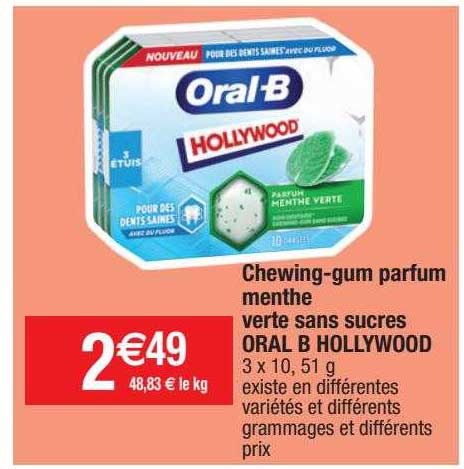 chewing-gum parfum menthe verte sans sucres oral b hollywood