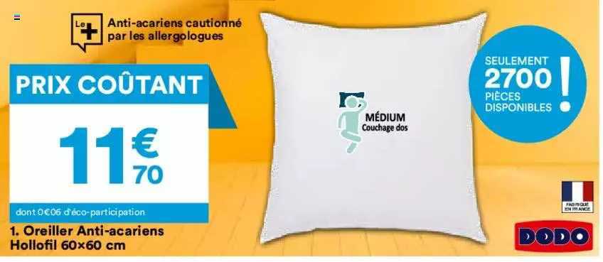 oreiller anti-acariens hollofil 60 x 60 cm dodo