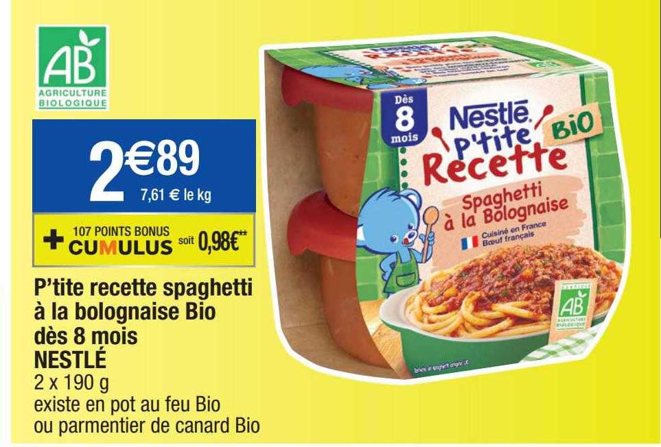 p'tite recette spaghetti à la bolognaisse bio dès 8 mois nestlé