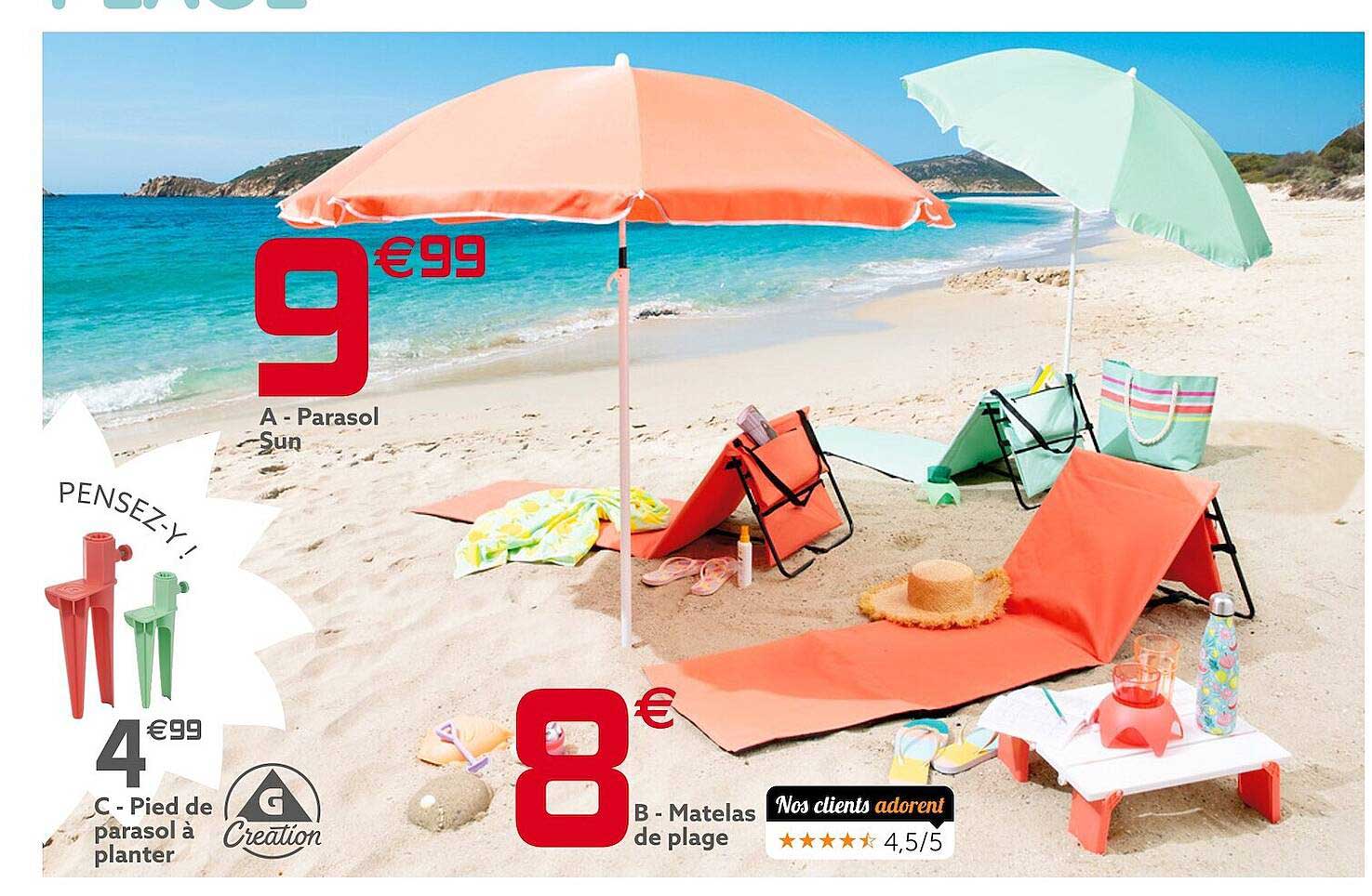 parasol, pied de parasol à planter, matelas de plage