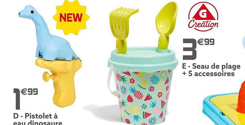 Pistolet à Eau Dinosaure, Seau De Plage + 5 Accessoires