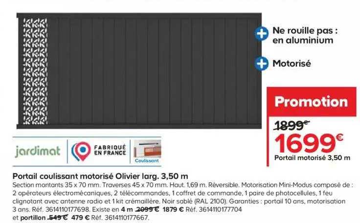 Portail Coulissant Motorisé Olivier Larg. 3,50 M Jardimat