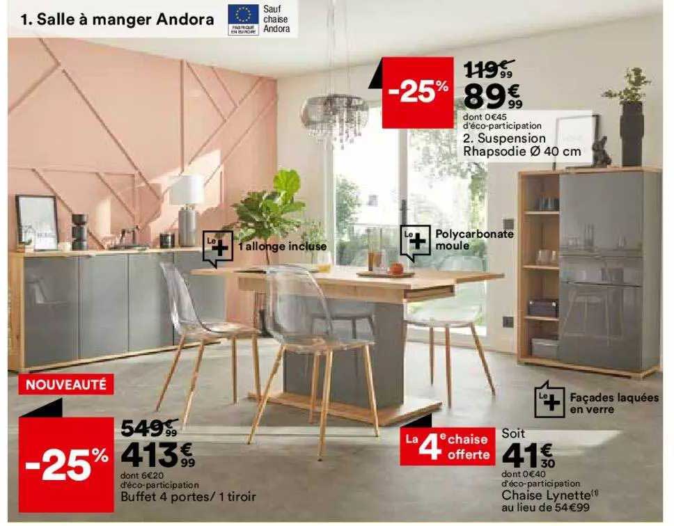 salle à manger andora : suspension rhapsodie ø 40 cm, buffet 4 portes-1 tiroir, chaise lynette