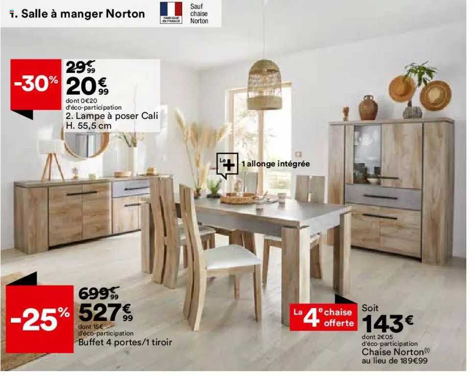 salle à manger norton : lampe à poser cali h. 55,5 cm, buffet 4 portes-1 tiroir, chaise norton