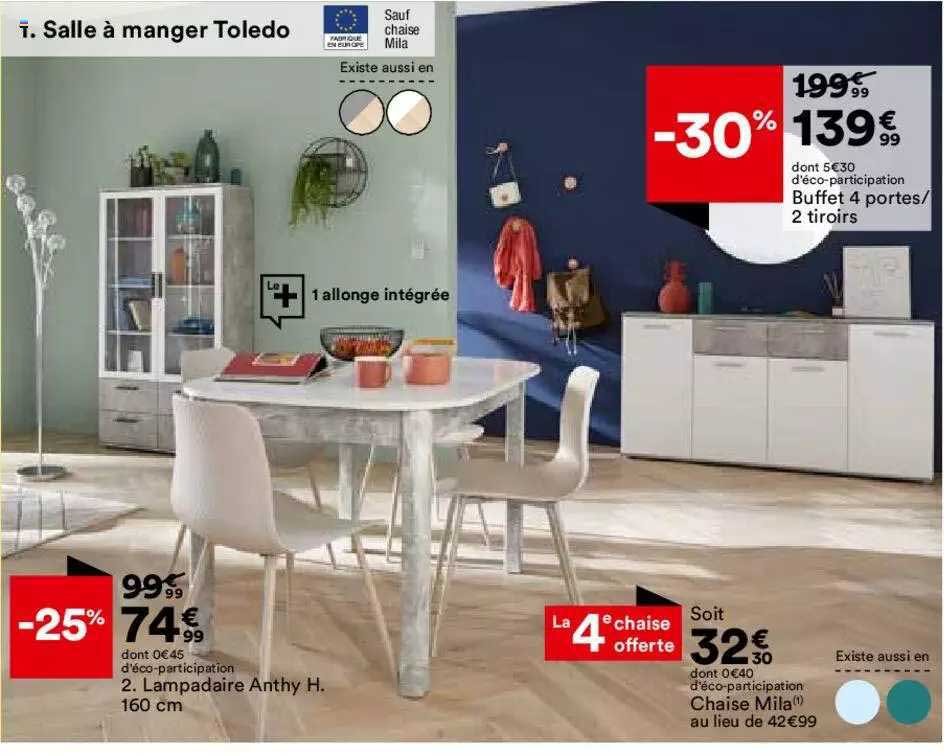 salle à manger toledo : buffet 4 portes-2 tiroirs, lampadair anthy h. 160 cm, chaise mila