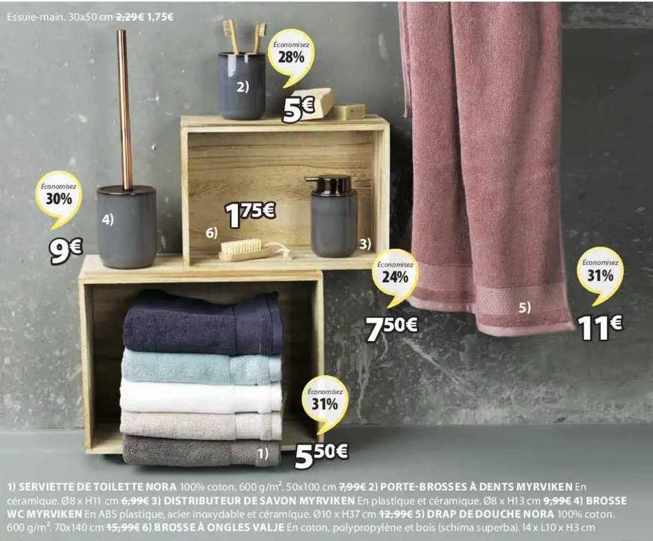 serviette de toilette nora, porte-brosses à dents myrviken, distributeur de savon myrviken, brosse wc myrviken, drap de douche nora, brosse à ongles valje
