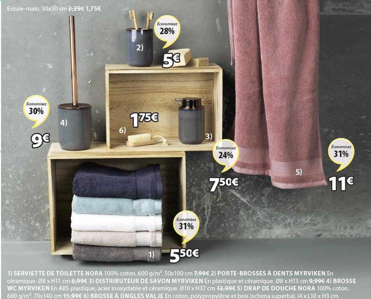 serviette de toilette nora, porte-brosses à dents myrviken, distributeur de savon myrviken, brosse wc myrviken, drap de douche nora, brosse à ongles valje