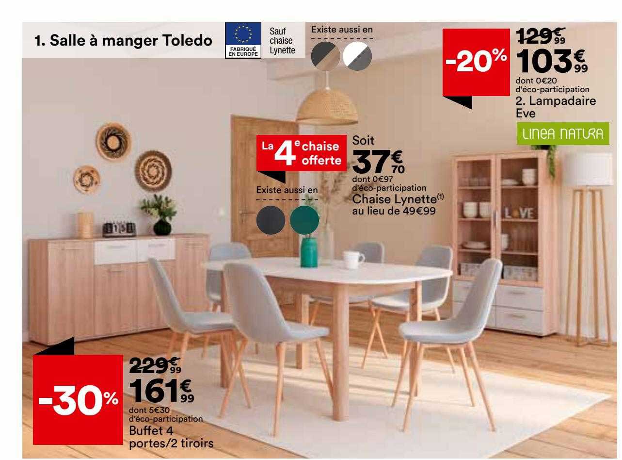 buffet 4 portes-2 tiroirs, chaise lynette, lampadaire eve linea natura