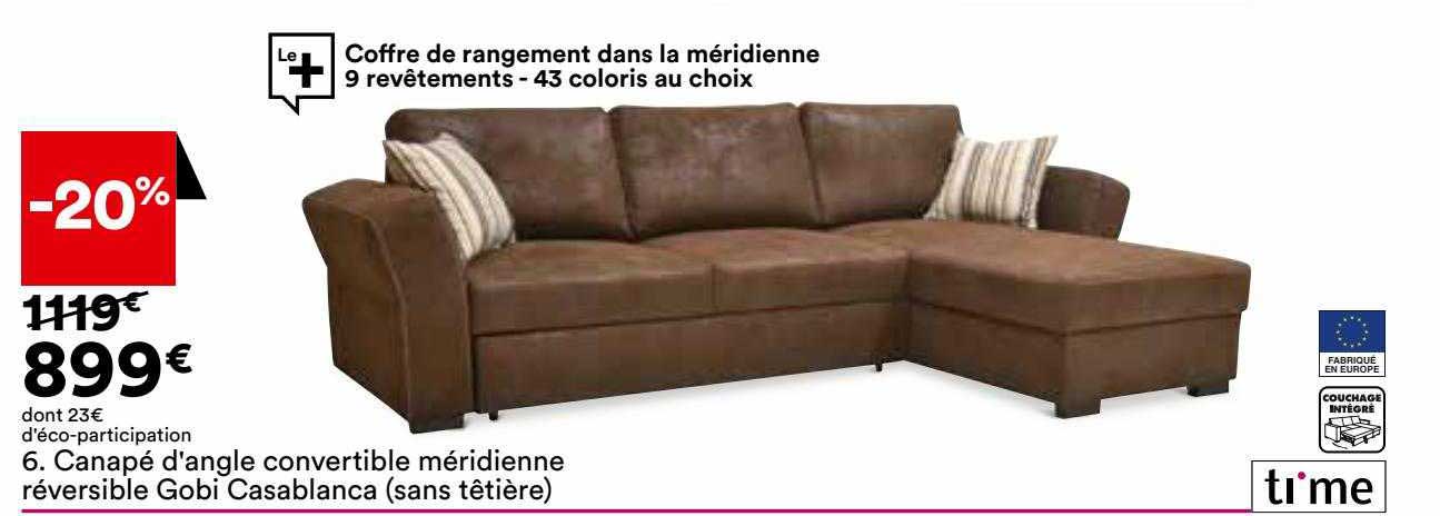 canapé d'angle convertible méridienne réversible gobi casablanca (sans têtière)