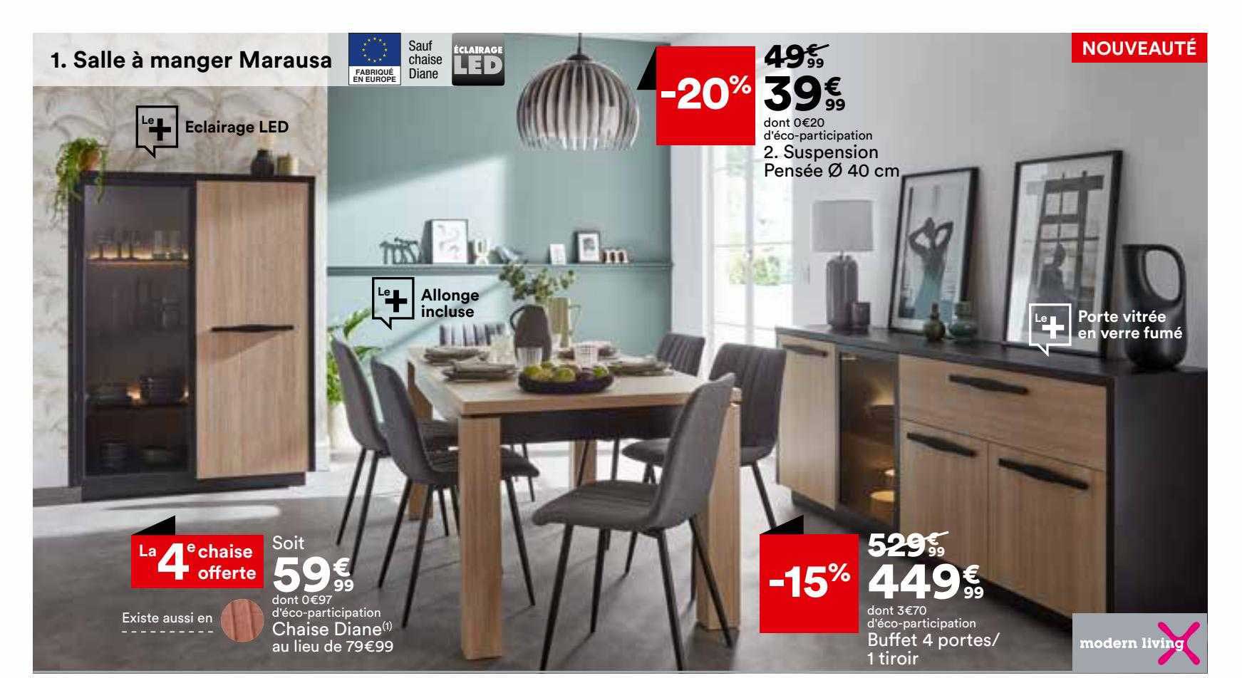 chaise diane, suspension pensée ø40 cm, buffet 4 portes-1 tiroir