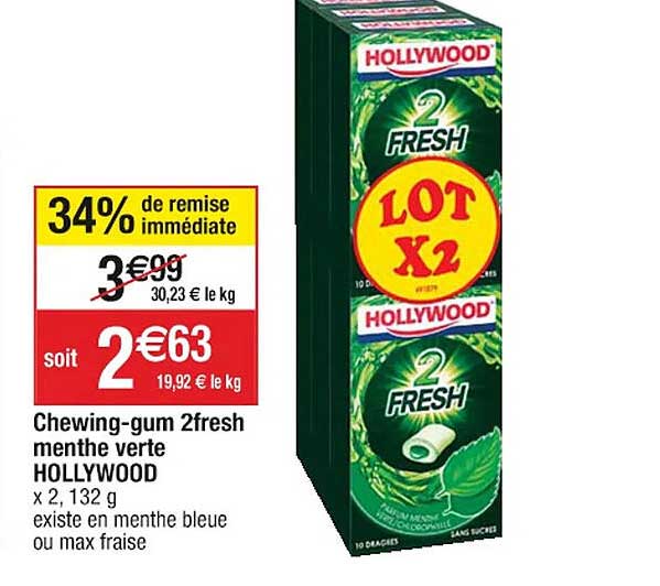Chewing-gum 2fresh Menthe Verte Hollywood