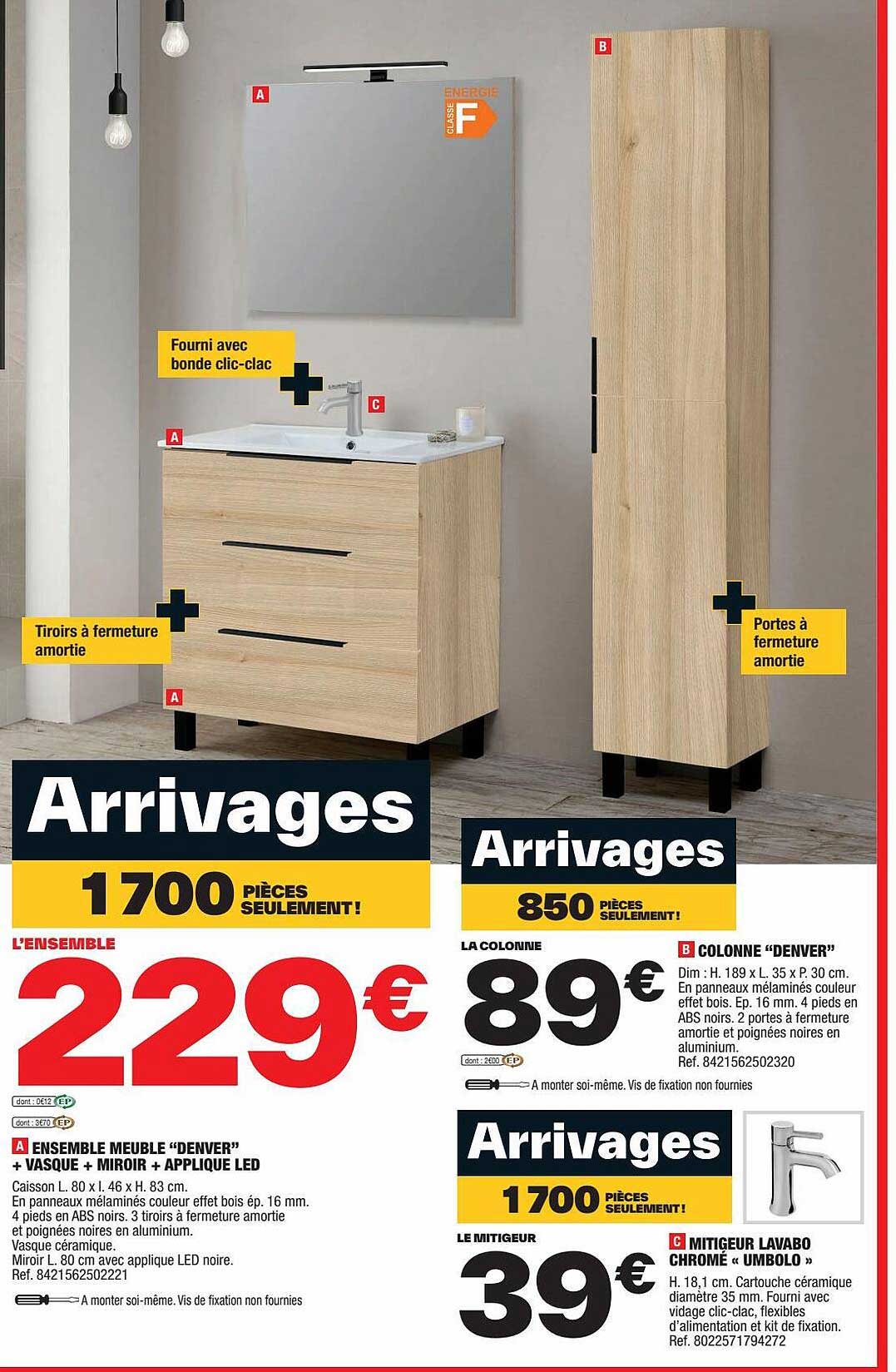 Ensemble Meuble "denver" + Vasque + Miroir + Applique Led, Colonne "denver", Mitiguer Lavabo Chromé "umbolo"