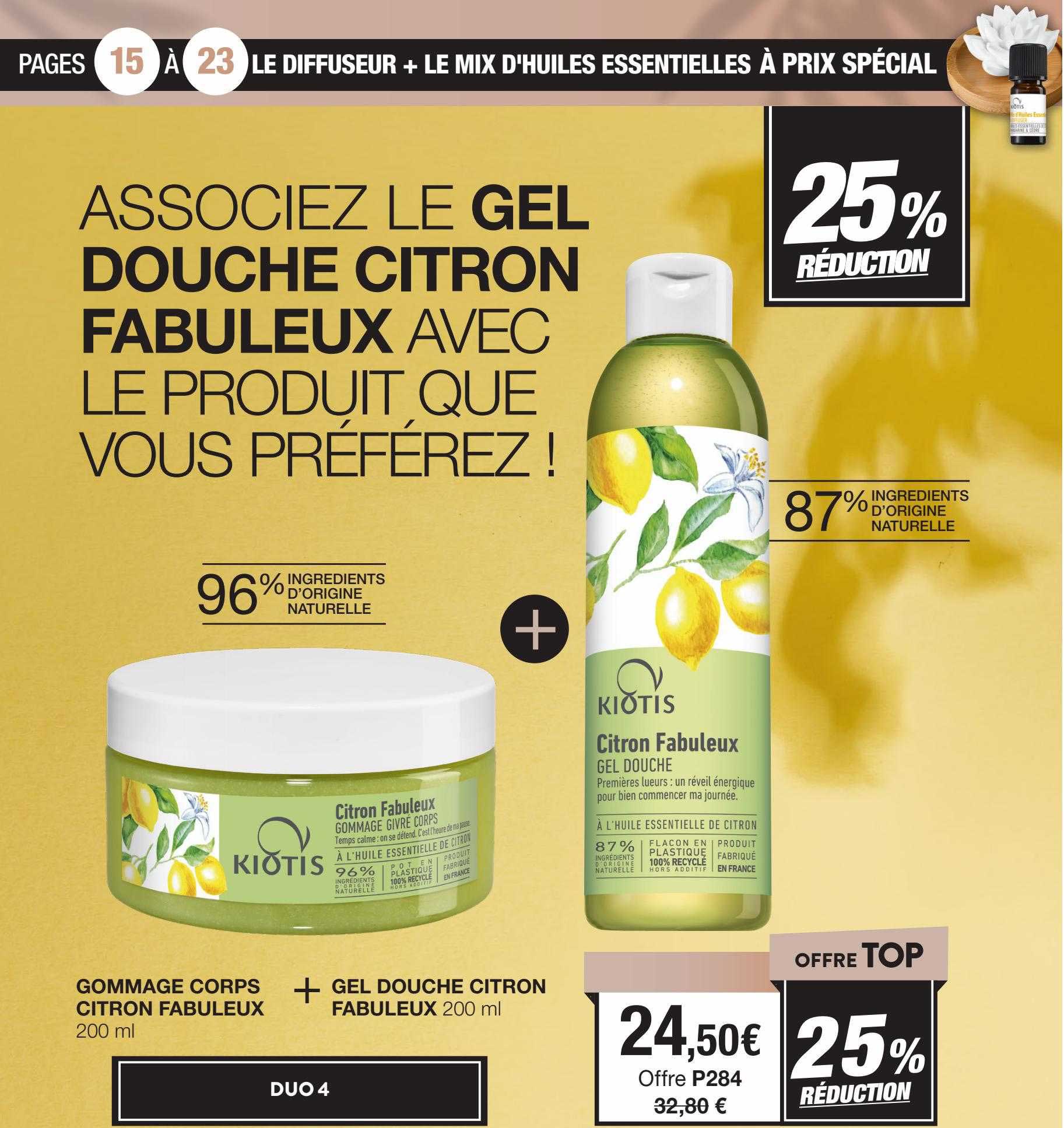 gommage corps citron fabuleux + gel douche citron fabuleux kiotis
