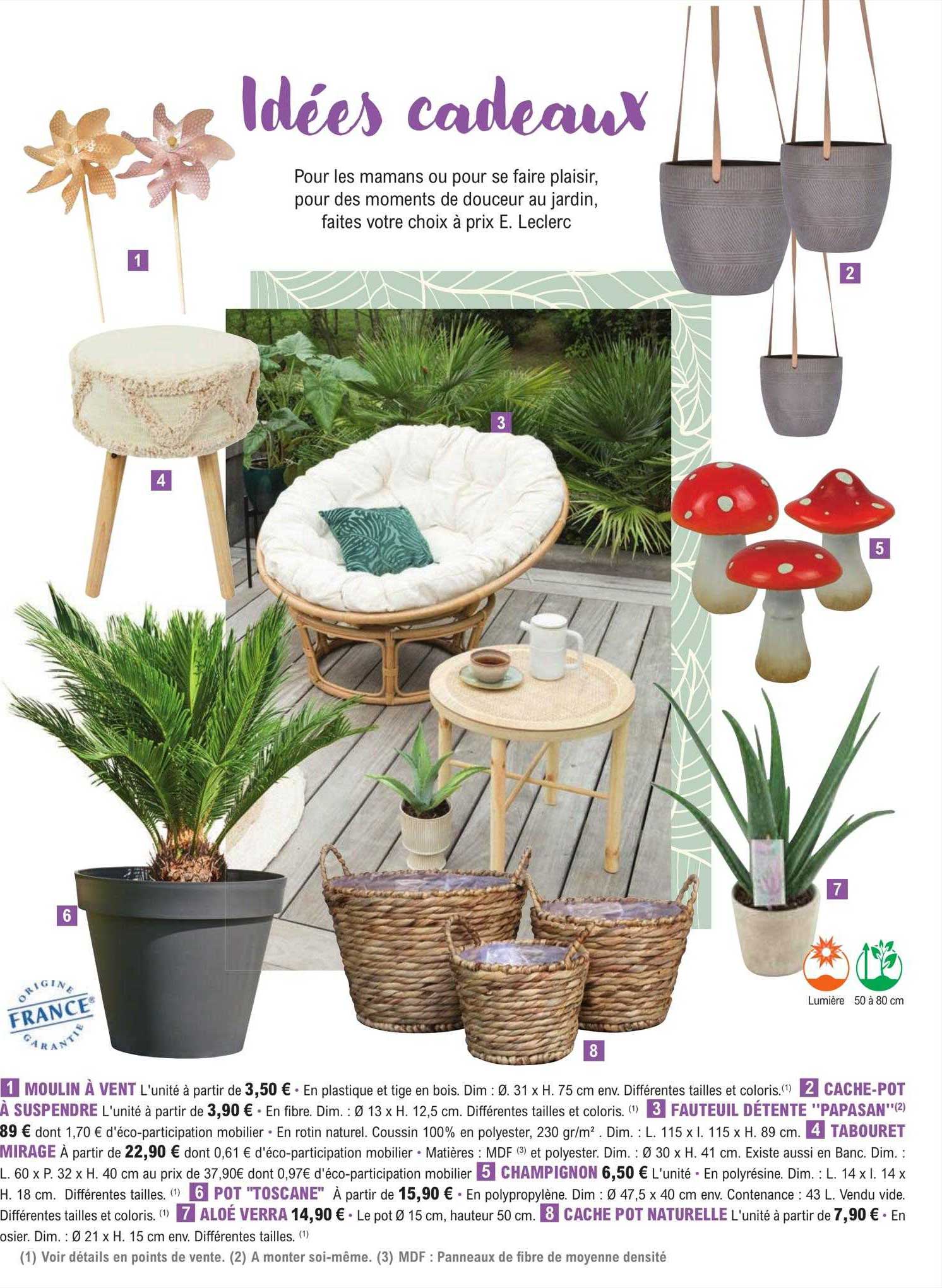 moulin à vent, cache-pot à suspendre, fauteuil détente "papasan", tabouret mirage, champignon, pot "toscane", aloé vera, cache pot naturelle