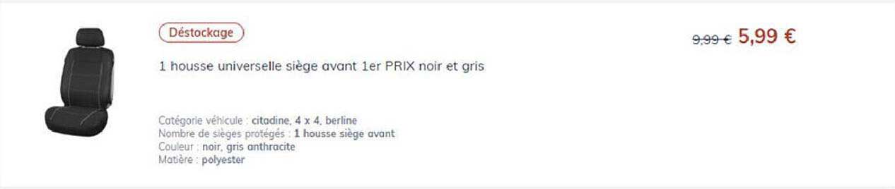 1 housse universelle siège avant 1er prix noir et gris