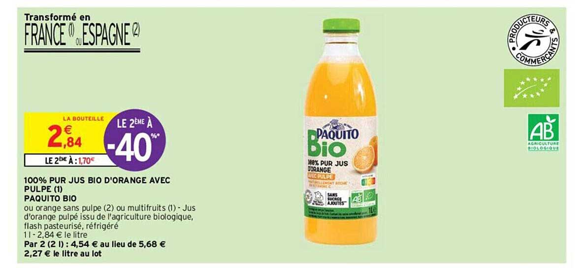 100% Pur Jus Bio D'orange Avec Pulpe Paquito Bio