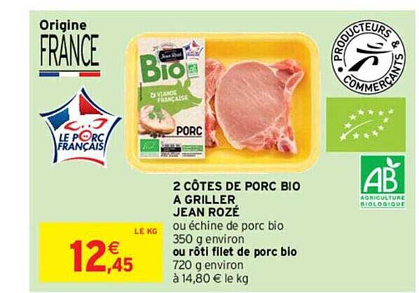 2 côtes de porc bio à griller jean rozé