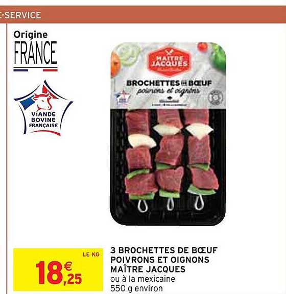 3 brochettes de bœuf poivrons et oignons maître jacques