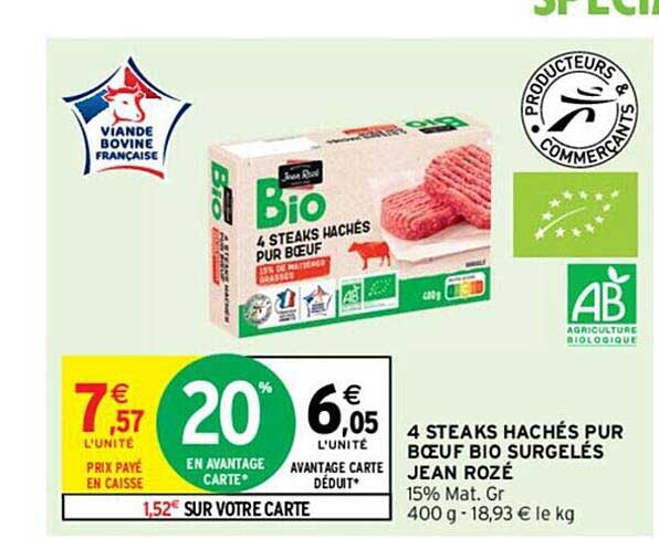4 steaks hachés pur bœuf bio surgelés jean rozé