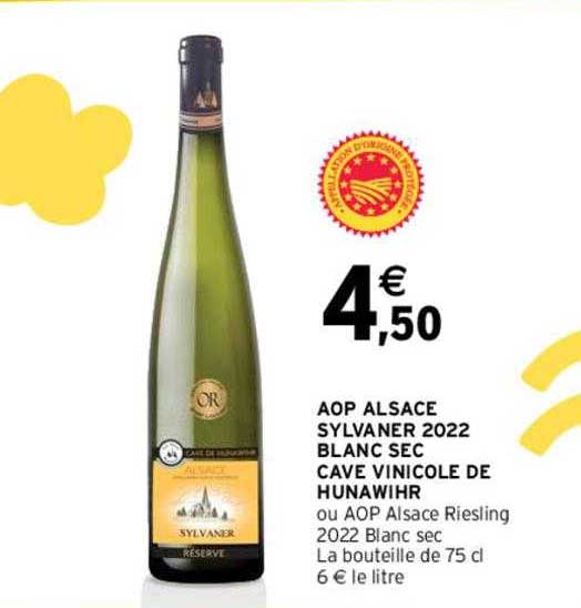 aop alsace sylvaner 2022 blanc sec cave vinicole de hunawihr