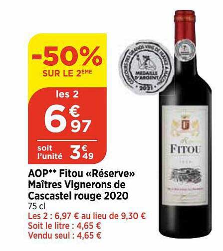 aop fitou «réserve» maîtres vignerons de cascastel rouge 2020