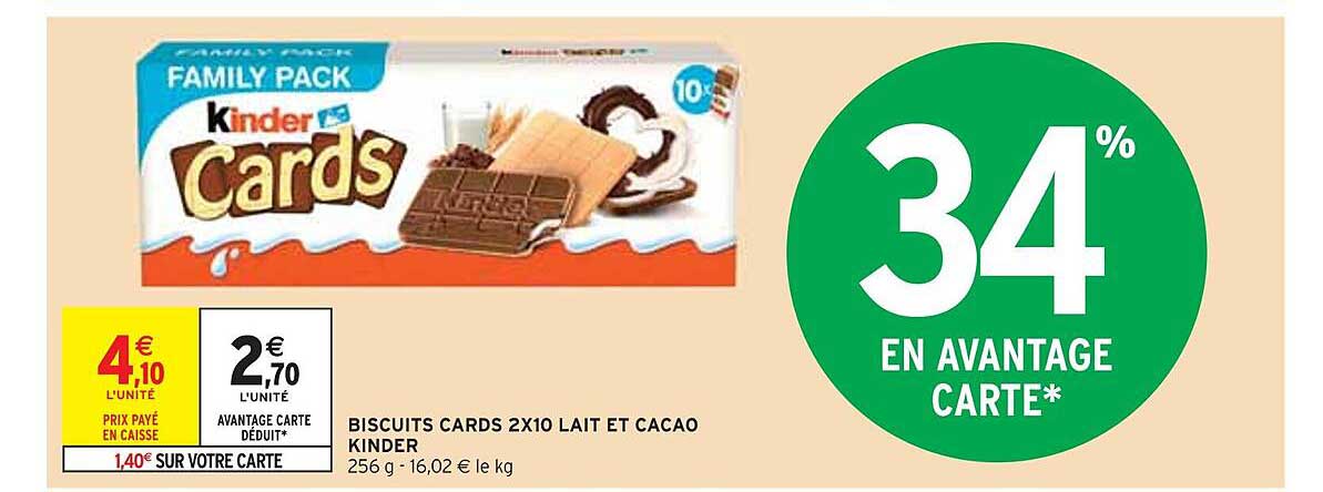 biscuits cards 2x10 lait et cacao kinder