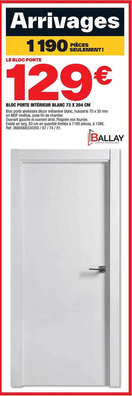 Bloc Porte Intérieur Blanc 73 X  204 Cm Ballay