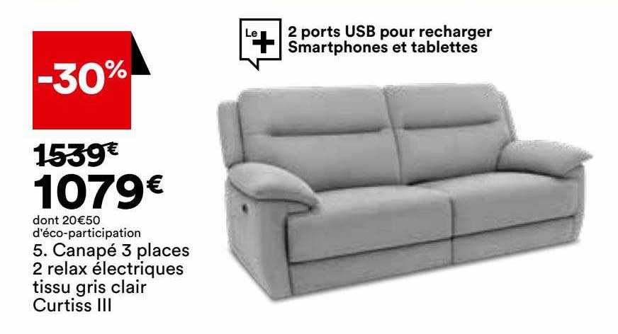 canapé 3 places 2 relax électriques tissu gris clair curtiss III