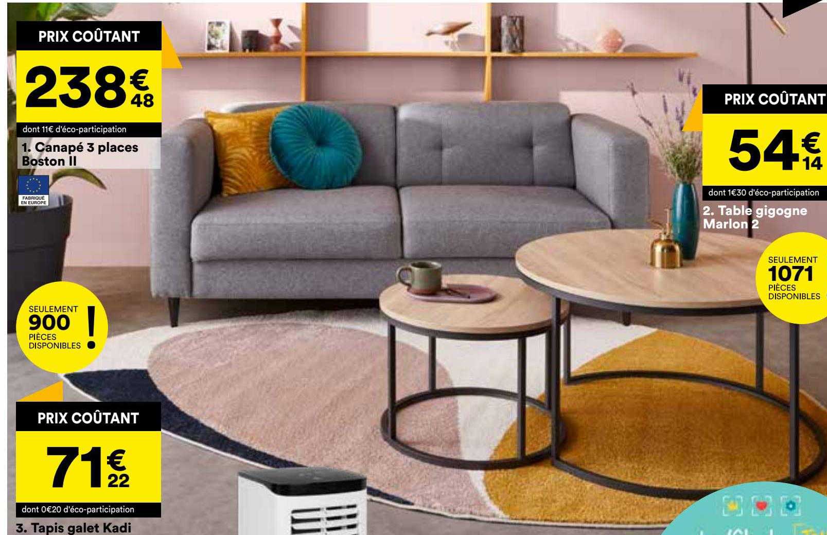 canapé 3 places boston II, tapis galet kadi, table gigogne marlon 2